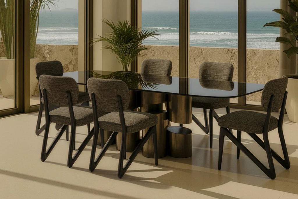 luxury seaview dining table with silverstone and a sedt of six now chair
