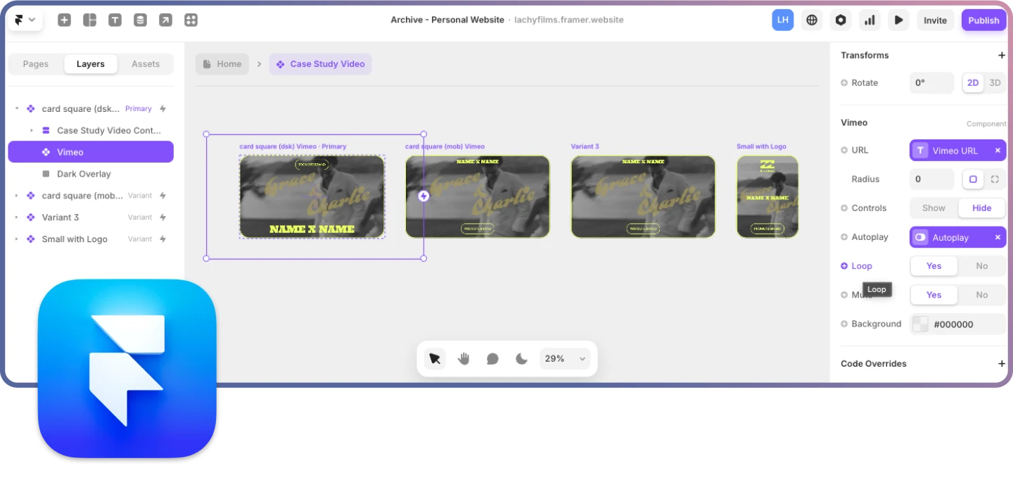 Building video components for the Lachy Films website on the Framer website design platform