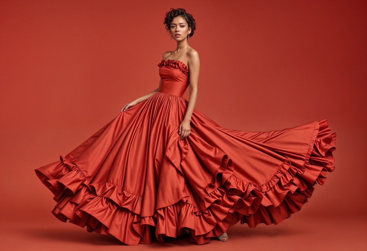 Elegant woman in a strapless red gown with a dramatic ruffled skirt, posing gracefully against a bold red background.