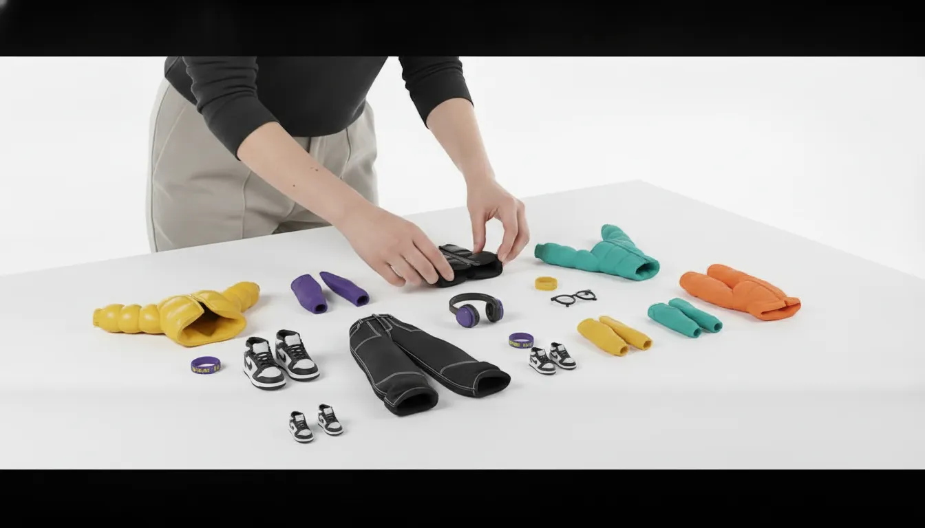 Avatar creator arranging colorful outfits and accessories