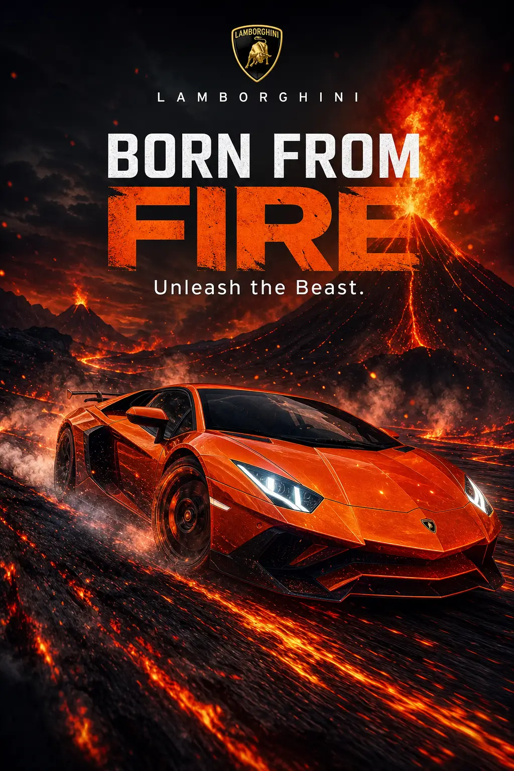 AI-generated Lamborghini poster featuring a supercar emerging from molten fire and smoke, symbolizing raw power and dramatic performance.