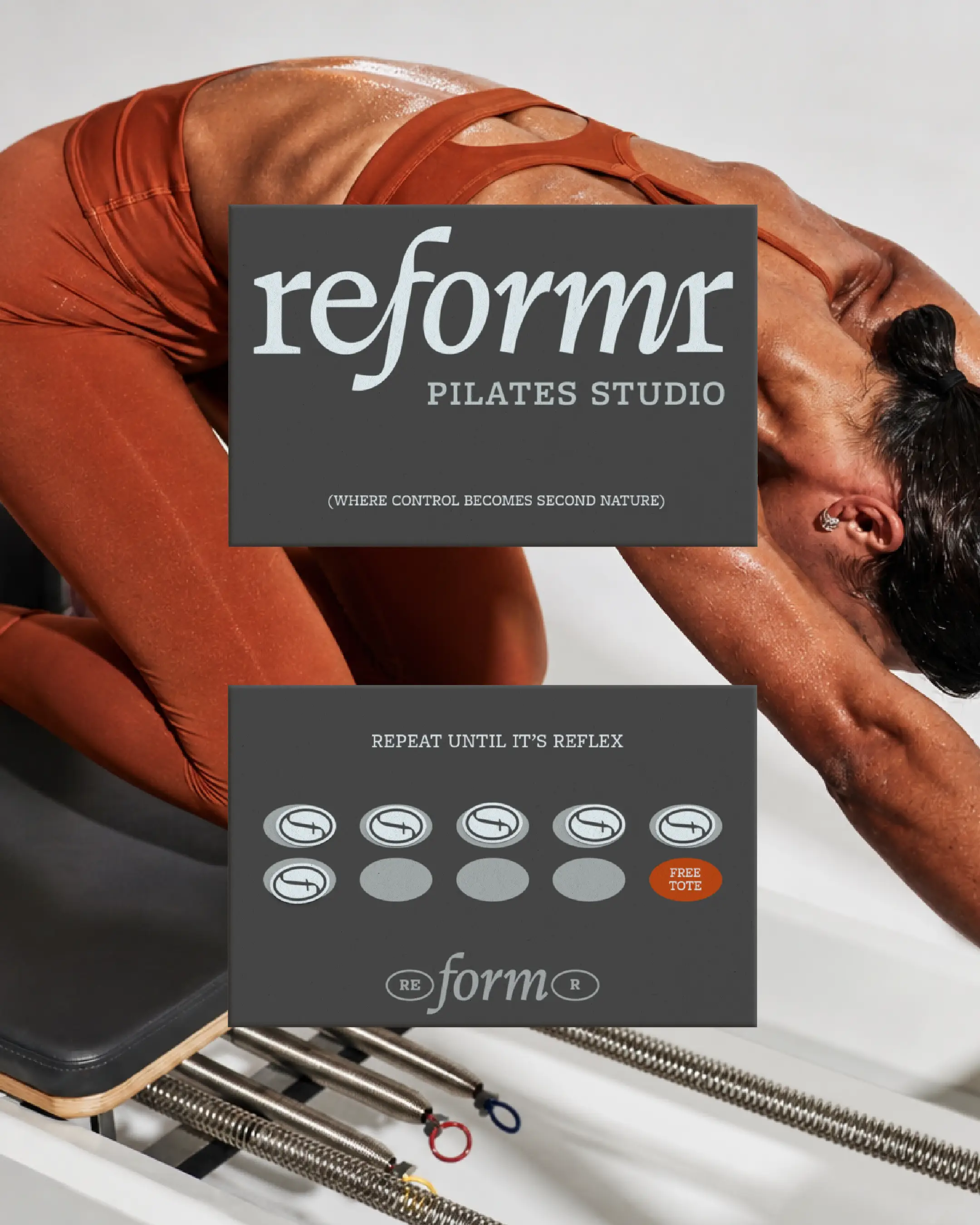 Reformr Pilates Studio brand identity — loyalty stamp card front and back design