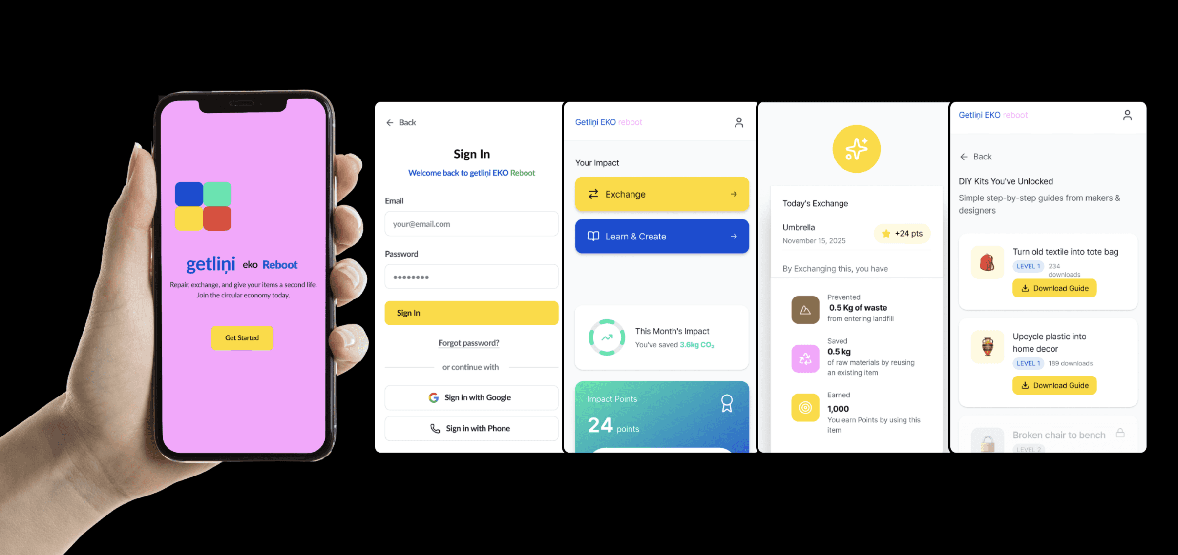 The companion app, sign in, impact dashboard, today's exchange, and DIY kits.