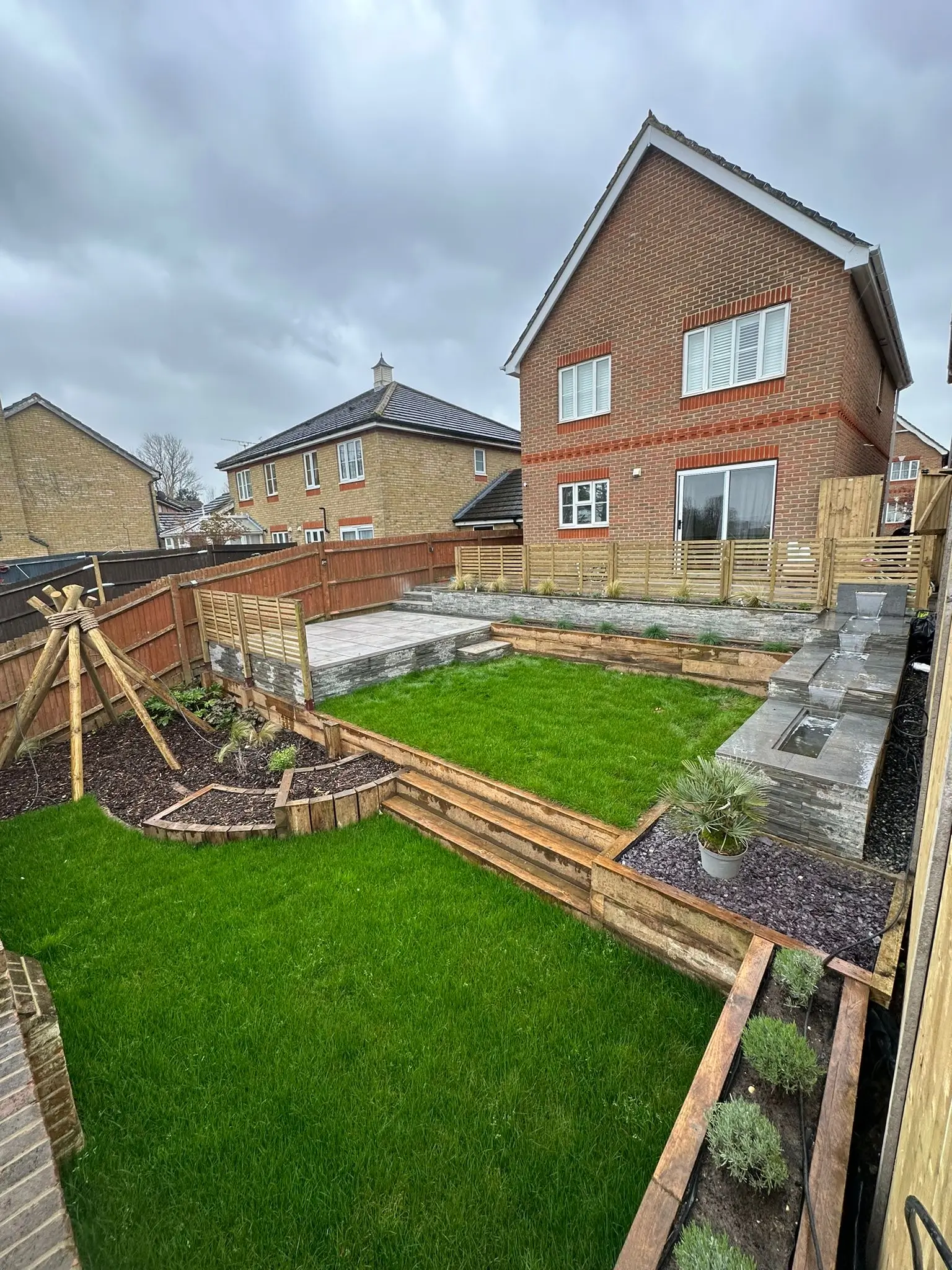 A well-maintained garden with green grass and wooden fences, adjacent to a modern house under cloudy skies.