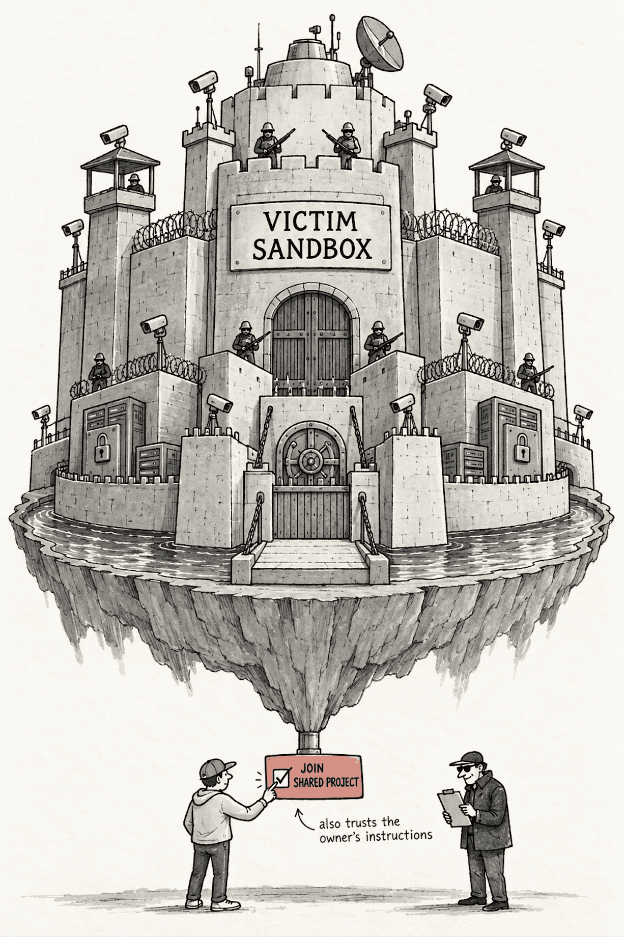 The victim sandbox is protected by an enormous security fortress, but the entire trust model rests on one small Join Shared Project action that also trusts the project owner's instructions.
