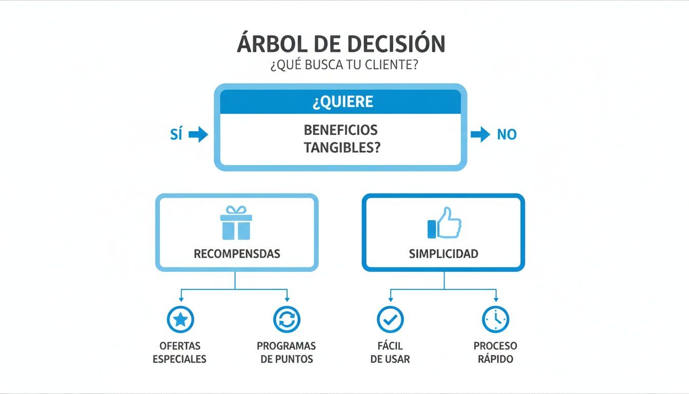 Árbol de decisión sobre preferencias del cliente: beneficios tangibles (recompensas, ofertas, puntos) versus simplicidad (fácil, rápido).