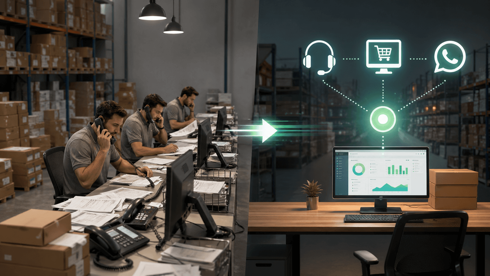 Ambiente industrial dividido em dois cenários: à esquerda, um fluxo manual com mesas cheias de papéis, telefones e caixas em um armazém; à direita, um espaço limpo e organizado com um computador exibindo dashboard e elementos digitais conectados, sugerindo automação e integração de sistemas em logística e vendas B2B.