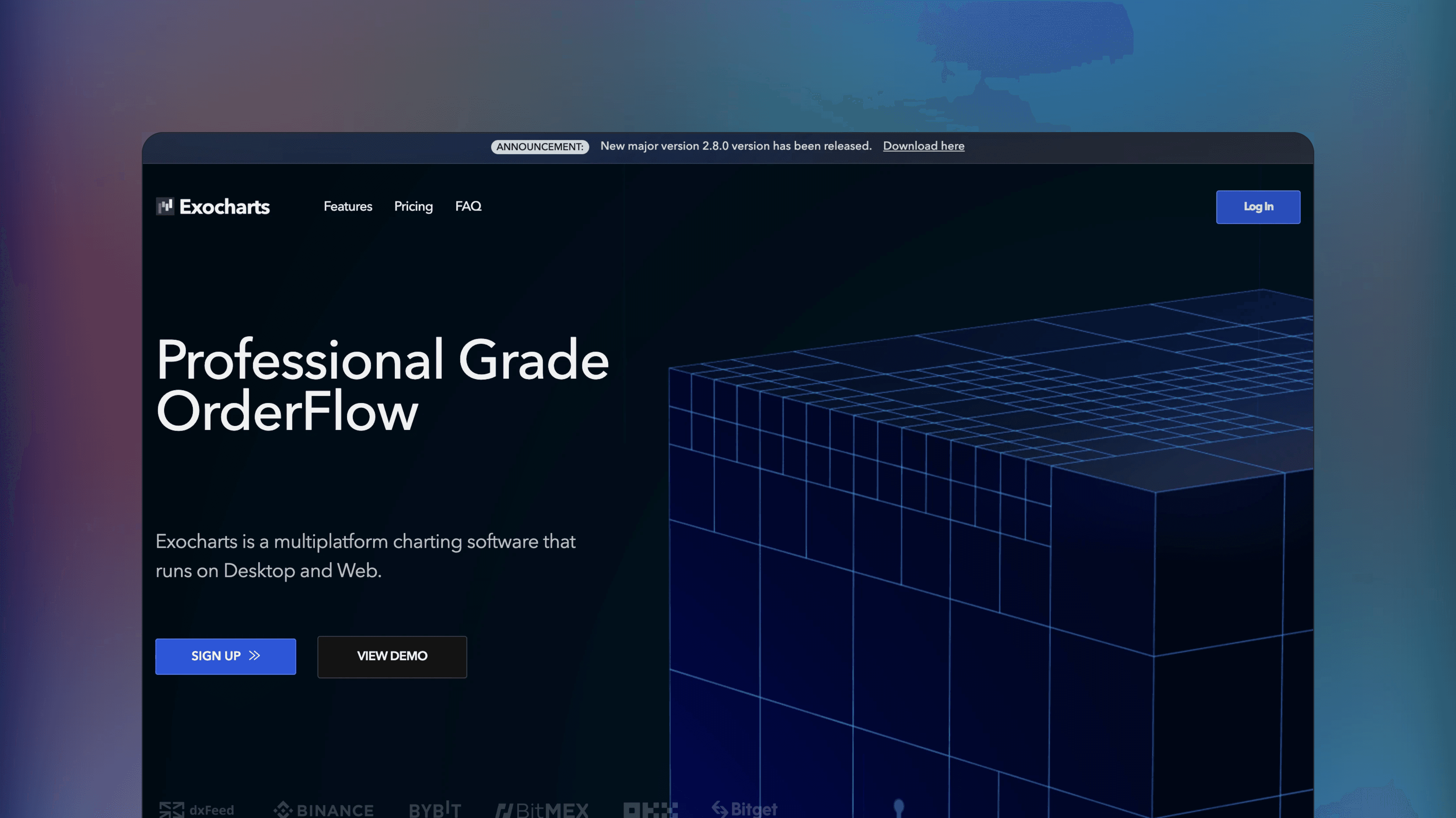 Website preview of Exocharts, technical analysis orderflow platform showing footprint charts and volume profile overlays.