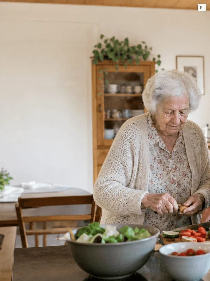 Eine ältere Frau und ihre Betreuungskraft bereiten gemeinsam eine Mahlzeit in der heimischen Küche zu.