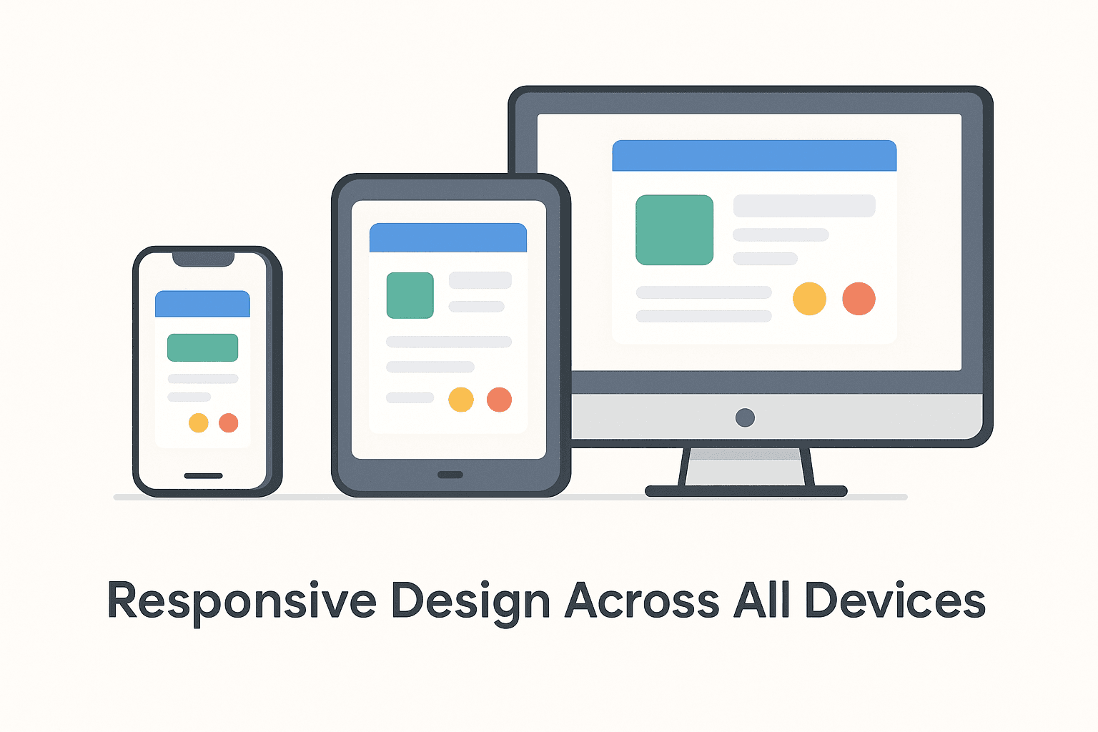 Landscape vector illustration showing a smartphone, tablet, and desktop monitor aligned horizontally, each displaying the same user interface layout to represent responsive web design.