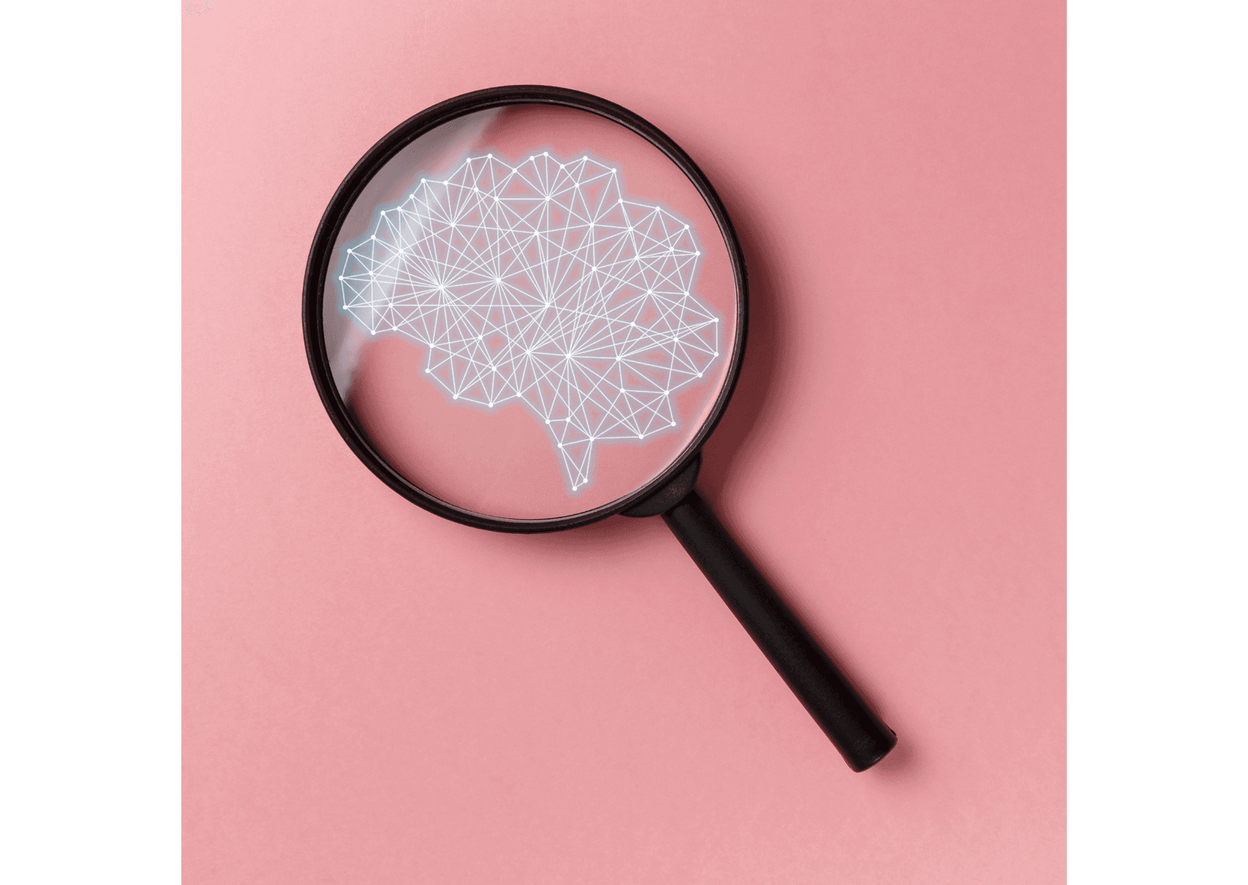 A magnifying glass over a glowing network shaped like a brain, on a pink background