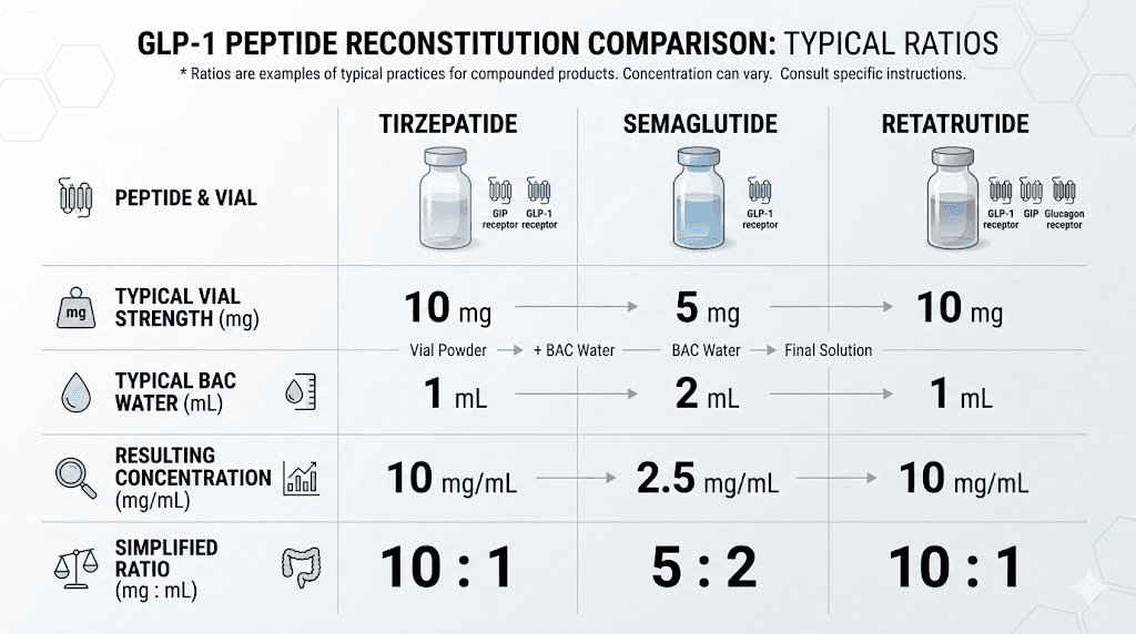 GLP-1 peptide reconstitution comparison tirzepatide vs semaglutide vs retatrutide