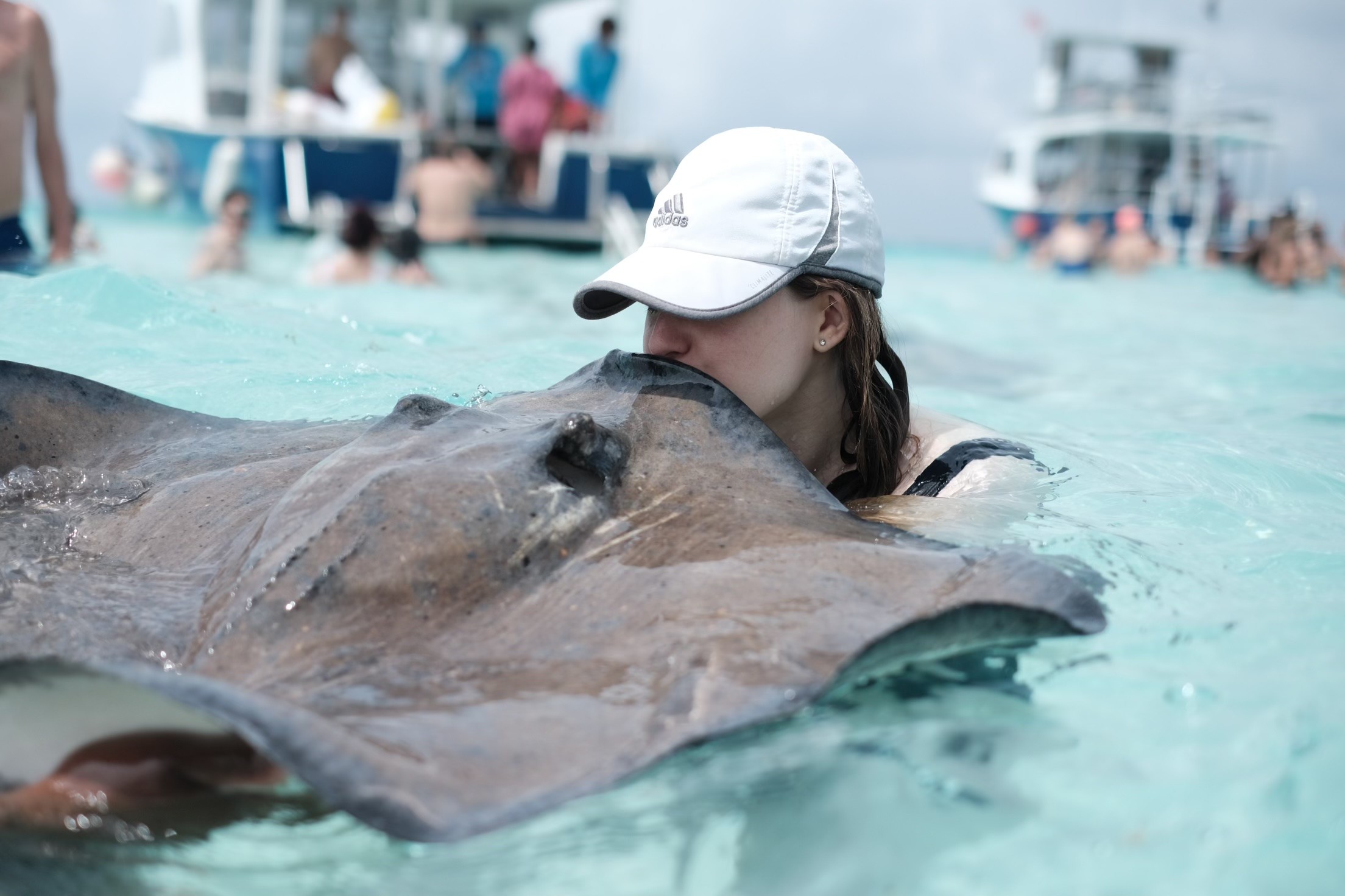 Image of me kissing a stingray in the Grand Cayman Islands, wearing a black bathing suit and a white baseball cap.