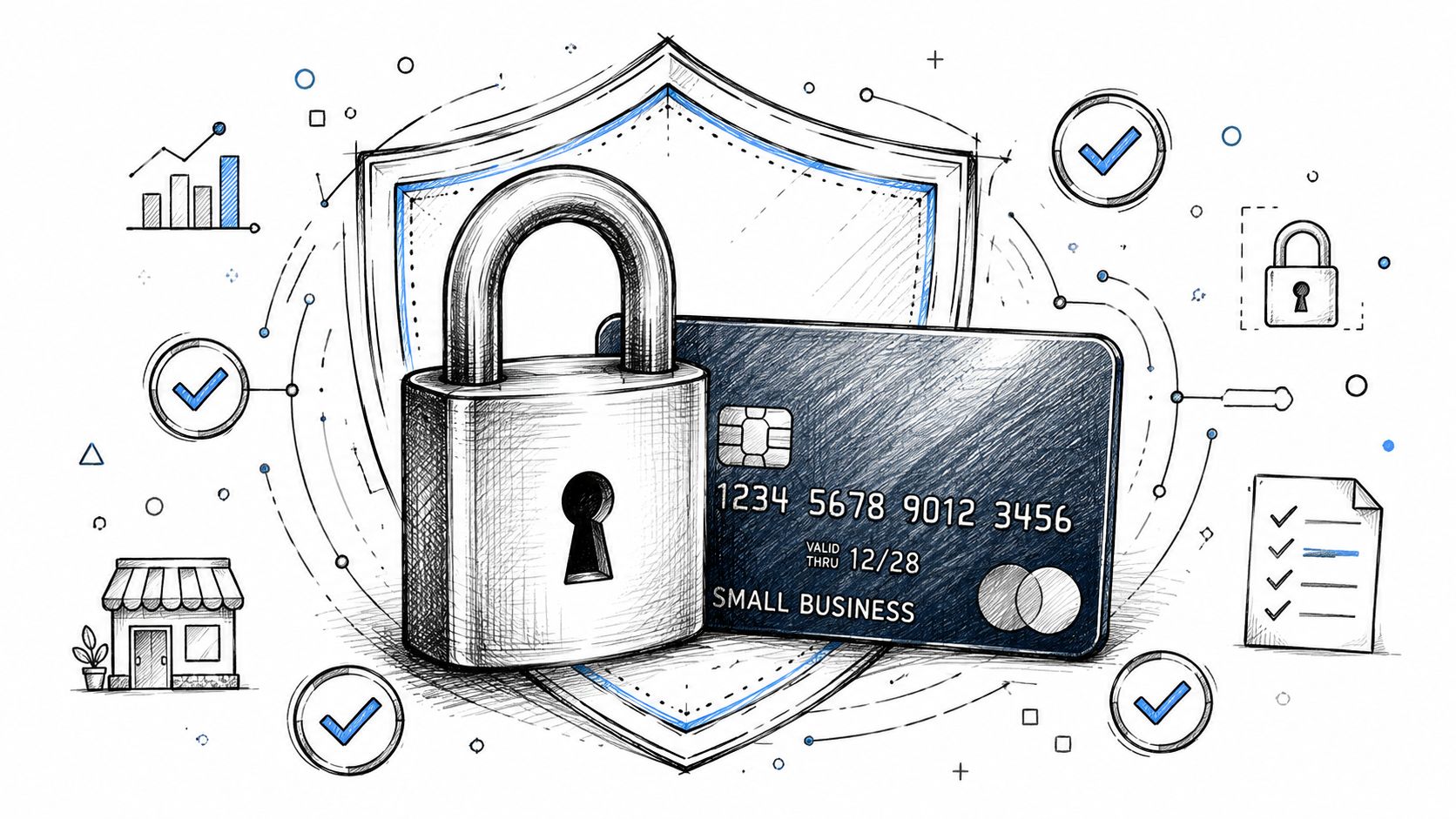 A sketched illustration showing a padlock over a credit card with business icons representing secure payment processing.
