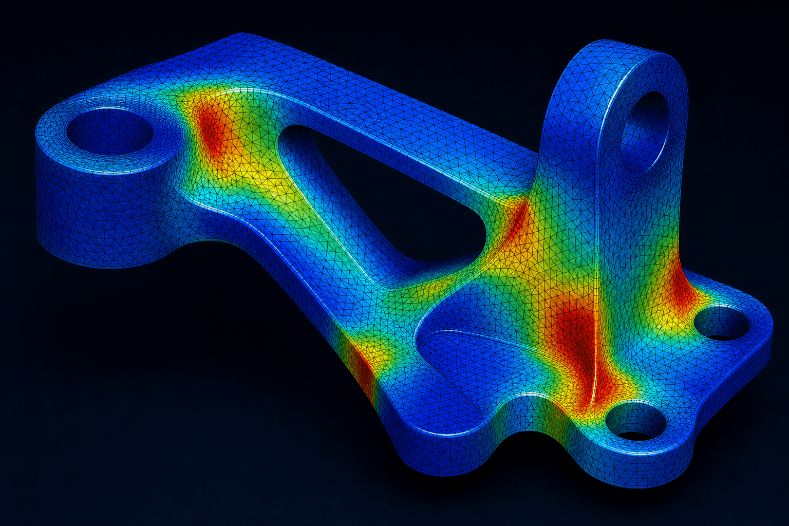 A detailed 3D finite element analysis visualization of a mechanical component, showing a colorful heat map stress distribution across a complex metal bracket or structural part, with a fine triangular mesh overlaid on the surface. The mesh is denser around curved edges and stress concentration zones. The color gradient ranges from deep blue in low-stress regions to bright red and orange at peak stress areas. The background is dark, giving a technical engineering software aesthetic. No text, labels, or UI elements.