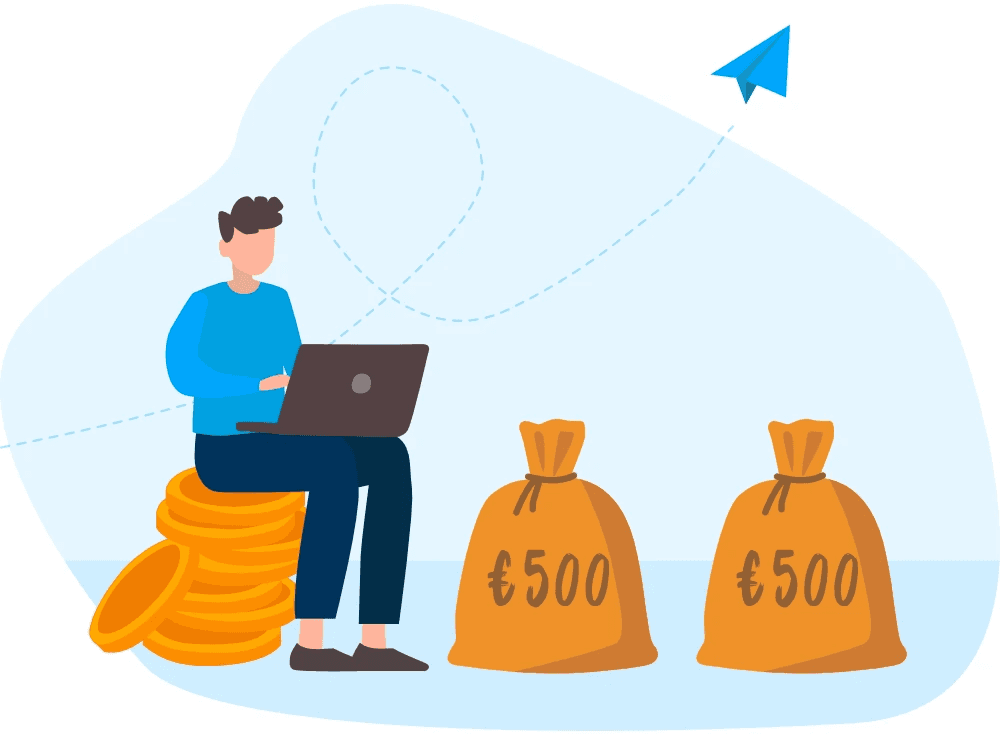 Werknemer met dikke zakken met geld