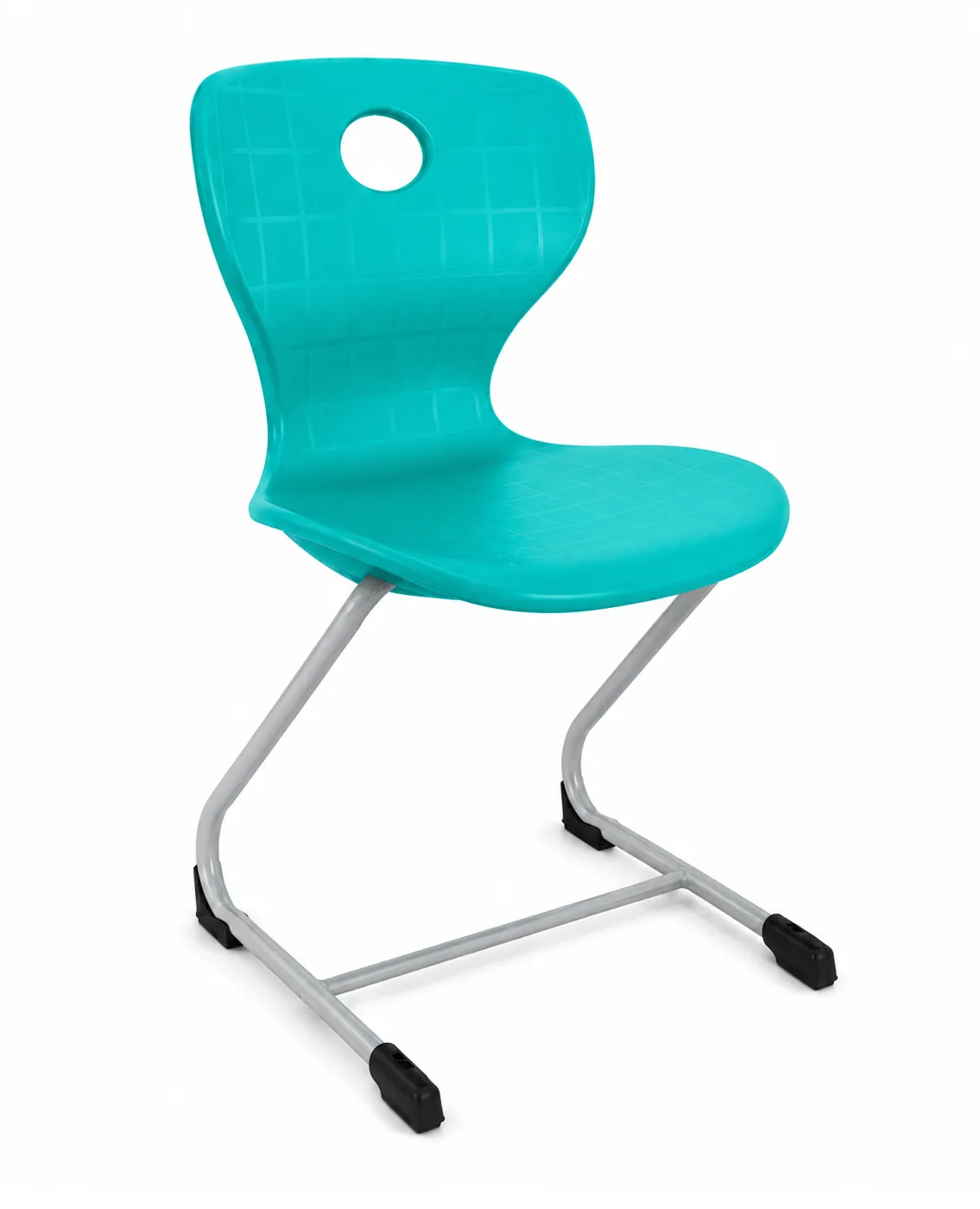 Turquoise Z-frame school chair with plastic seat and metal frame, Made in Turkey
