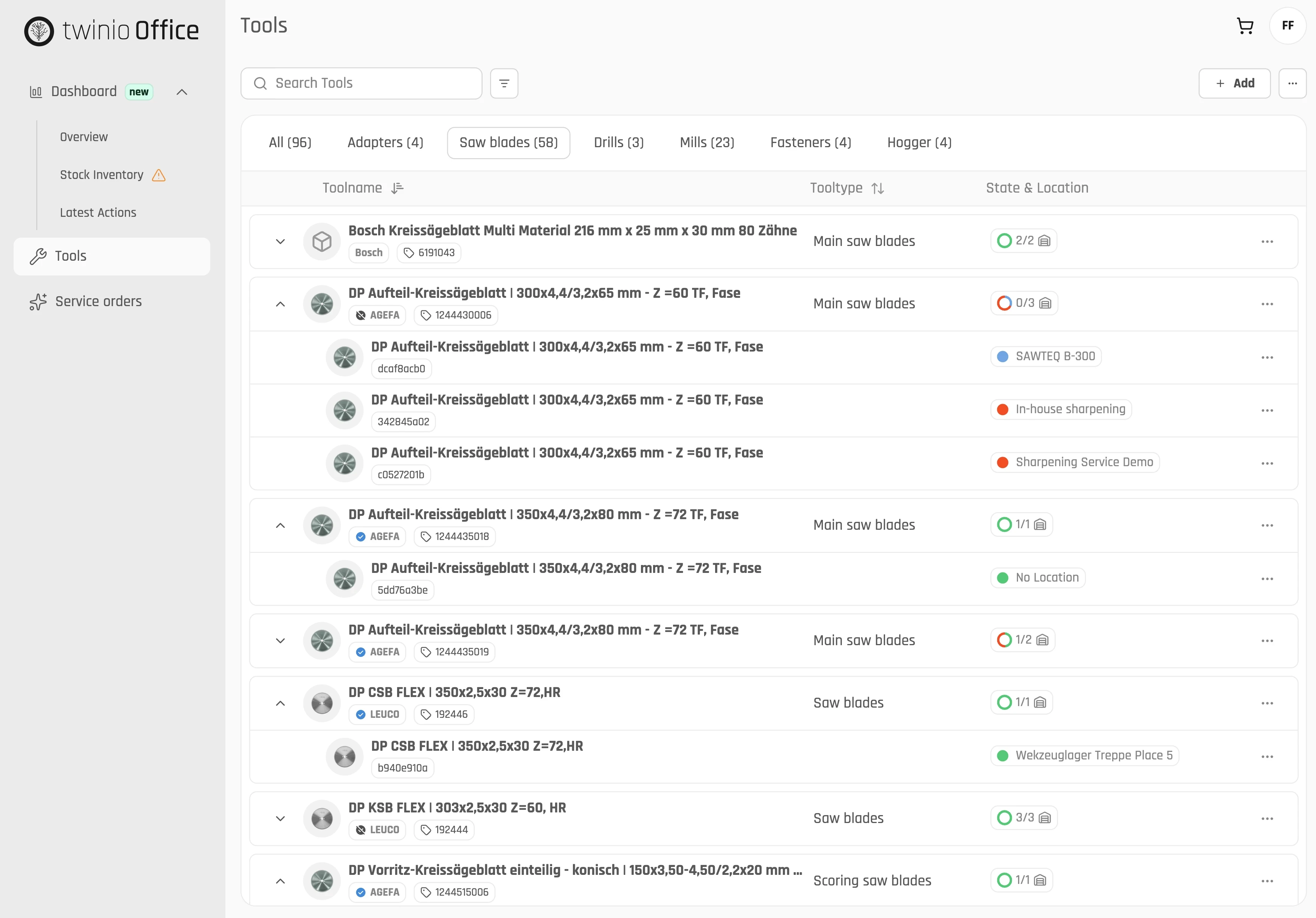 twinio Office Werkzeugübersicht mit Werkzeugkategorien, Suchfunktion und Statusanzeige.