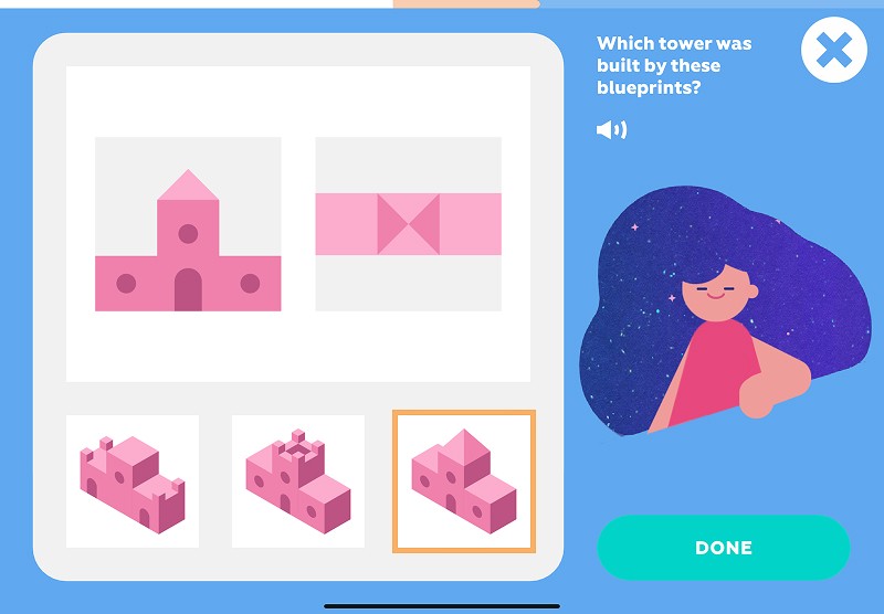 3D shapes: match the tower to its blueprint views