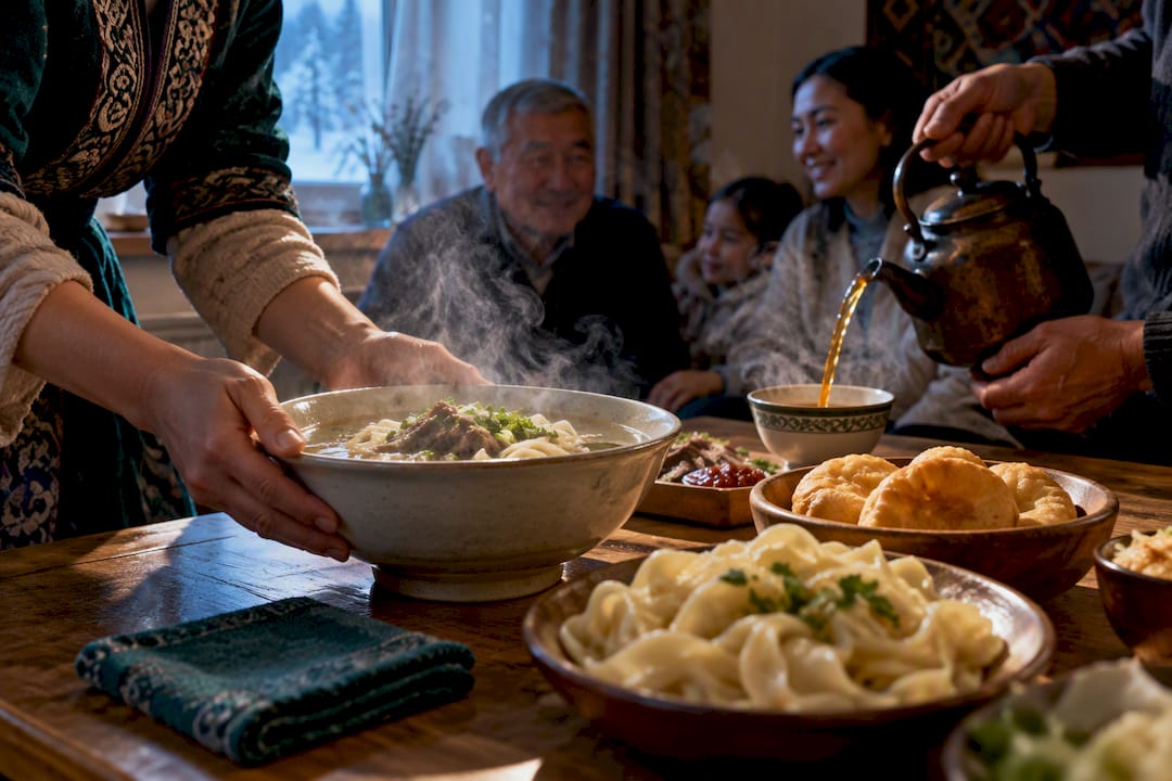 Table set with tea and warming food during winter in Kazakhstan