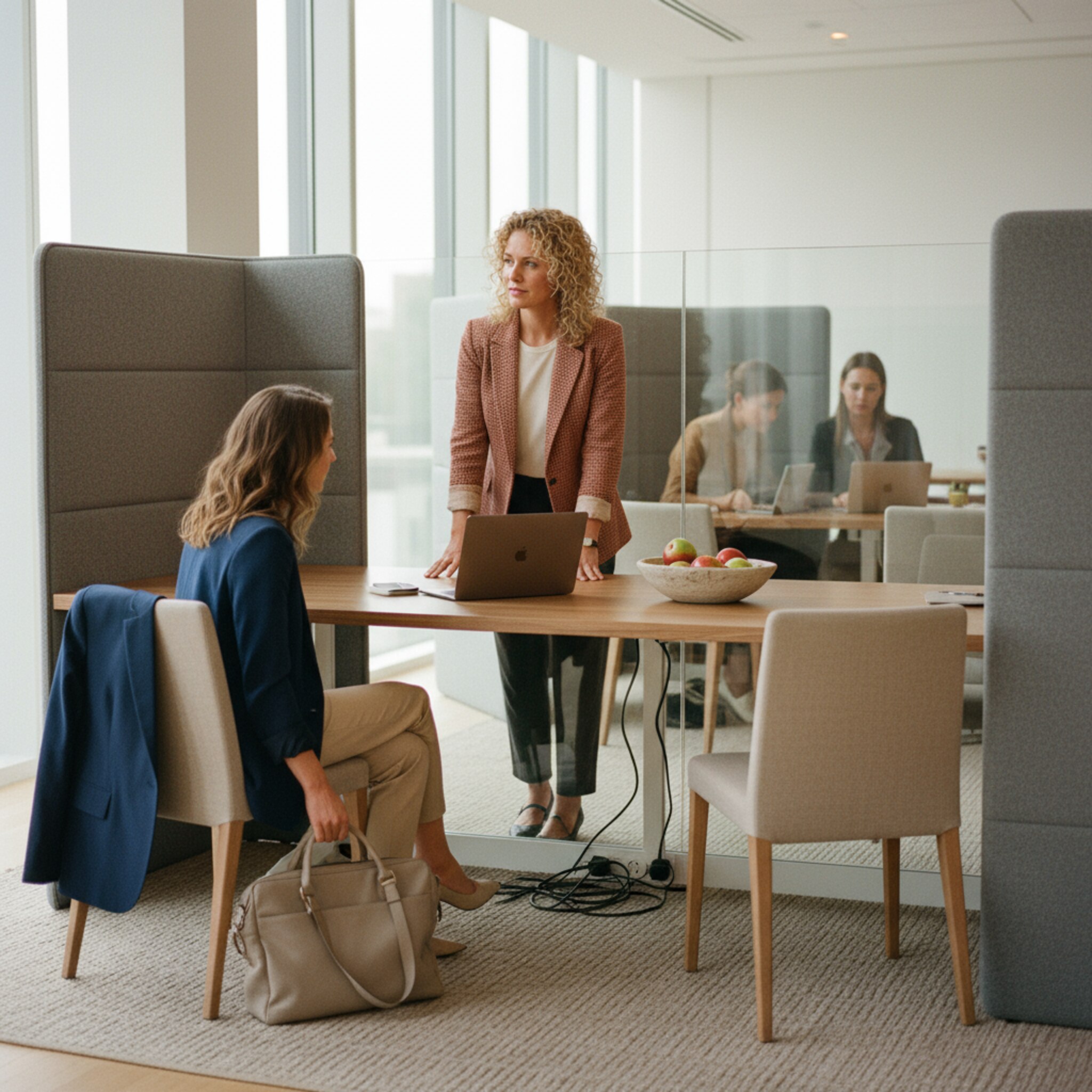 Ein ruhiger Bereich mit geschützten Arbeitspodesten, in dem zwei Kolleginnen einen freien Tisch beziehen. Die Morgenhelligkeit fällt durch hohe Fenster, Jacken werden über die Lehnen gehängt. Eine nahe Glastrennwand dämpft Geräusche, eine Schale mit Äpfeln steht bereit. Die Szene vermittelt Vertrautheit und wiederkehrende Nutzung.
