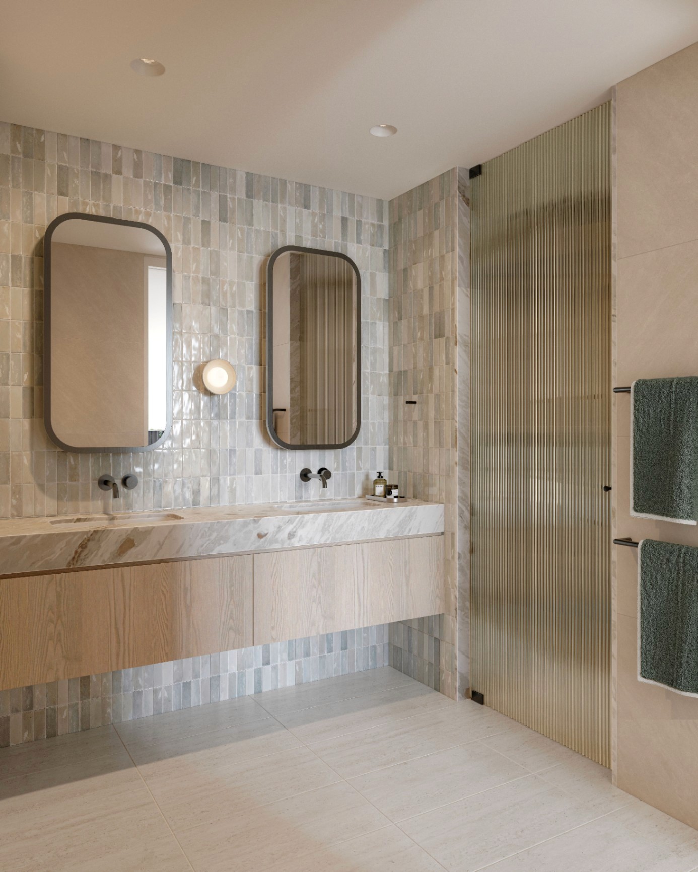 Elegant bathroom with stone vanity, textured tiles, and minimalist fixtures