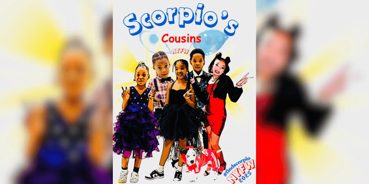 Children dressed in stylish outfits for Scorpio’s Cousins, showcasing the #FindScorpio brand with a message of hope and resilience