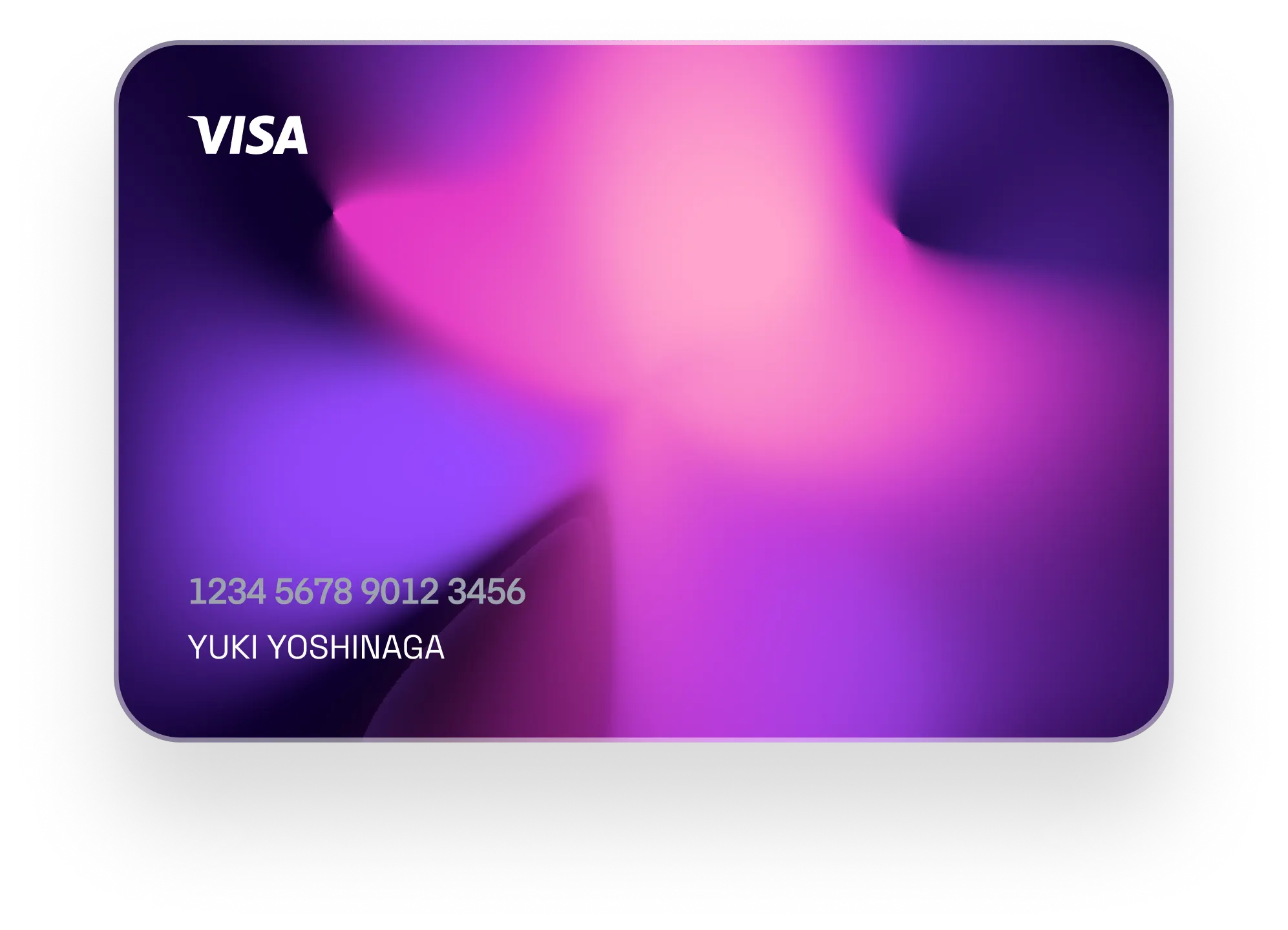 Purple and pink gradient Visa credit card with sample card number and cardholder name.