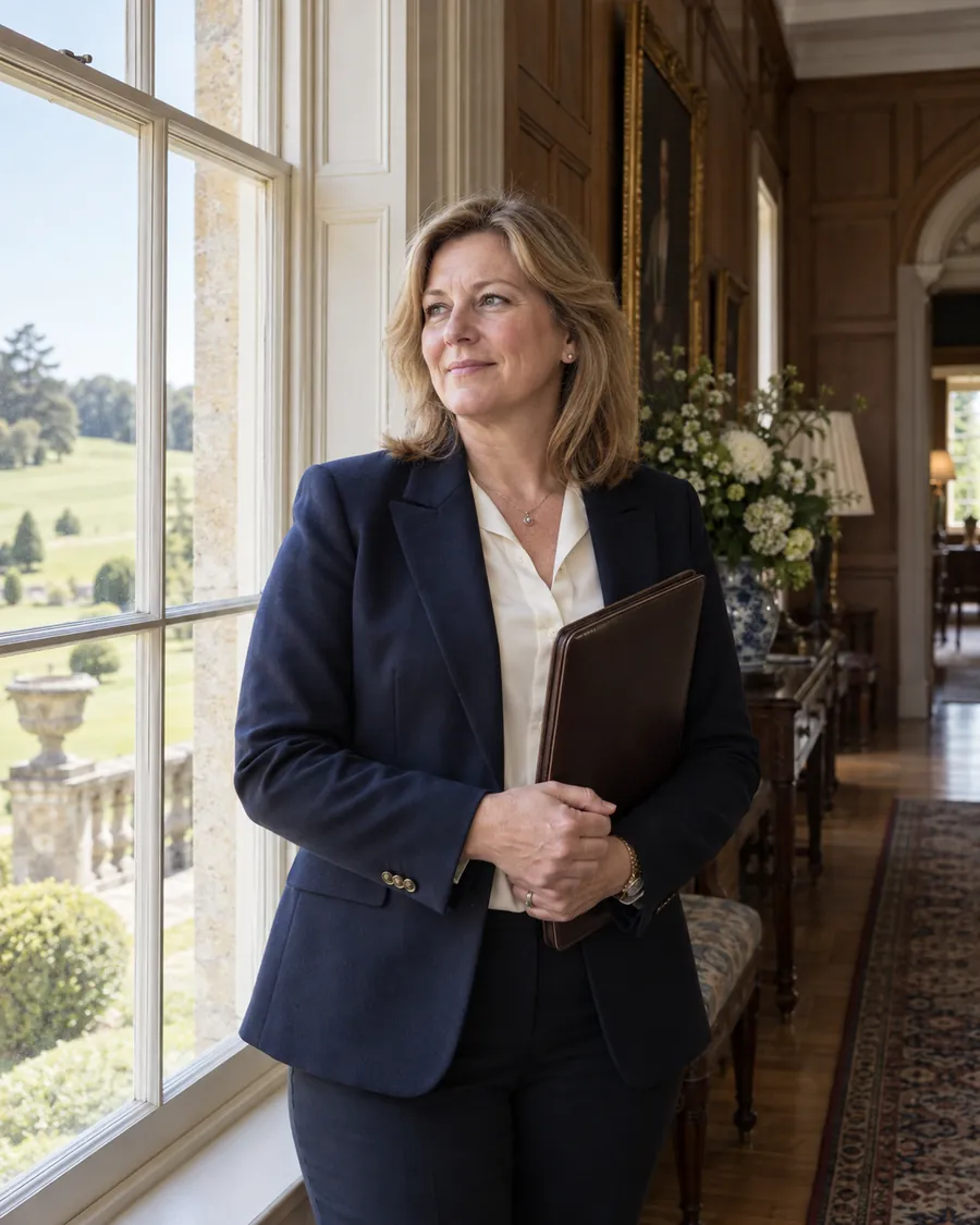 Charlotte Fenwick, the Secretary, by a tall window in the panelled corridor of the House, a leather folder in hand