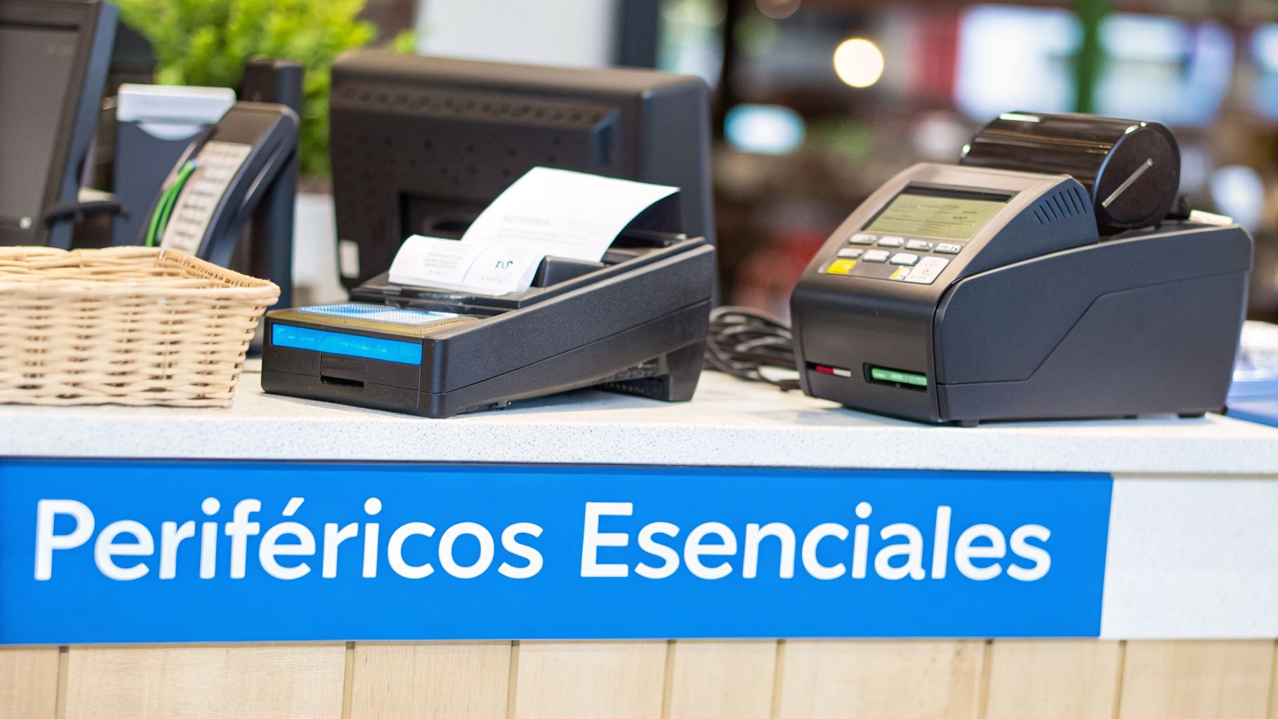 Equipo de punto de venta esencial, incluyendo impresoras de recibos y terminales de pago, en un mostrador.
