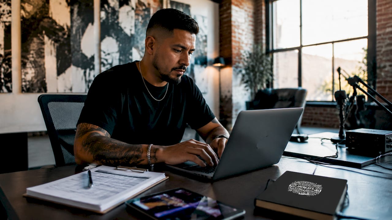 Person clearing music rights on laptop