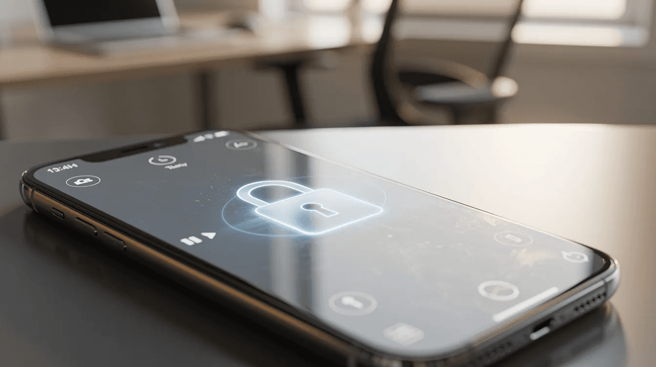 The image features a close-up of a smartphone screen displaying a digital lock icon, symbolizing security and privacy, with a softly blurred home office in the background. This visual reflects the importance of making smart financial decisions and protecting newfound wealth in a world filled with sudden wealth syndrome.
