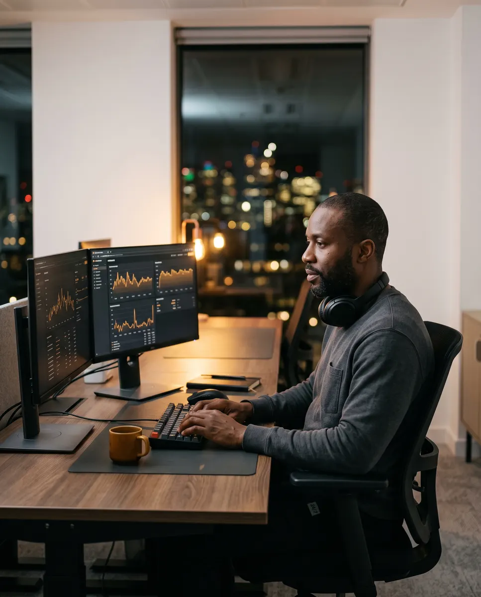 An office after hours, one desk still lit
