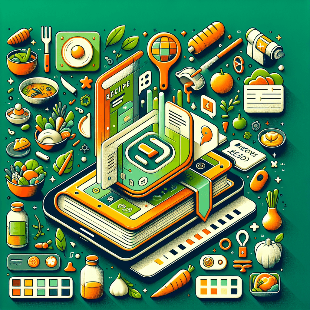 Illustration eines stilisierten Tablets mit einer organisch gestalteten Benutzeroberfläche für eine Koch- oder Ernährungs-App. In der Mitte symbolisieren Pflanzen, Lebensmittel und Küchenutensilien das Thema gesunde Ernährung, darunter ein Interface mit Kategorien wie „Organivo“ und „Favoraitte“.