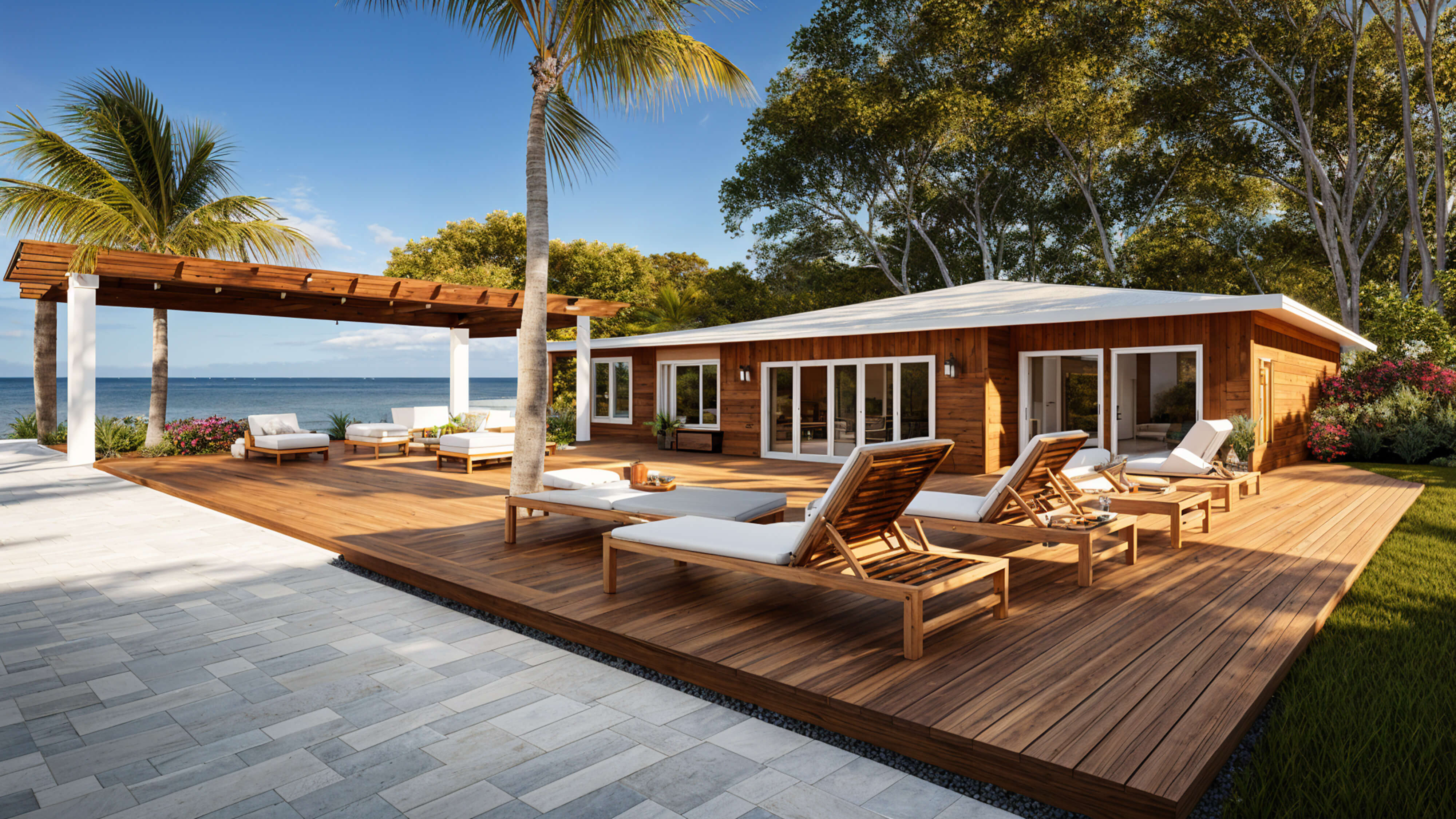 Expansive teak patio overlooking the water, styled with cushioned lounge chairs, a shaded pergola, tropical landscaping, and serene coastal views.