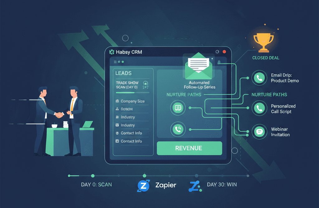 The Importance of Strong Follow-Up Systems is Post-event workflow: trade show handshake fades to automated sequence—email opens, call icons, deal close trophy. Habsy CRM screen central: leads auto-enriched, nurture paths branching to revenue. Timeline from Day 0 scan to 30-day win, icons of Zapier/Zoho integrations. Urgent, high-conversion atmosphere with speed lines, green success accents for B2B event marketers.