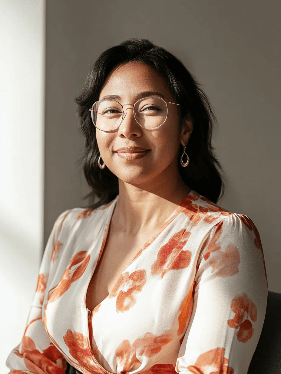 Woman wearing glasses and a floral blouse, sitting in natural light and smiling gently at the camera.