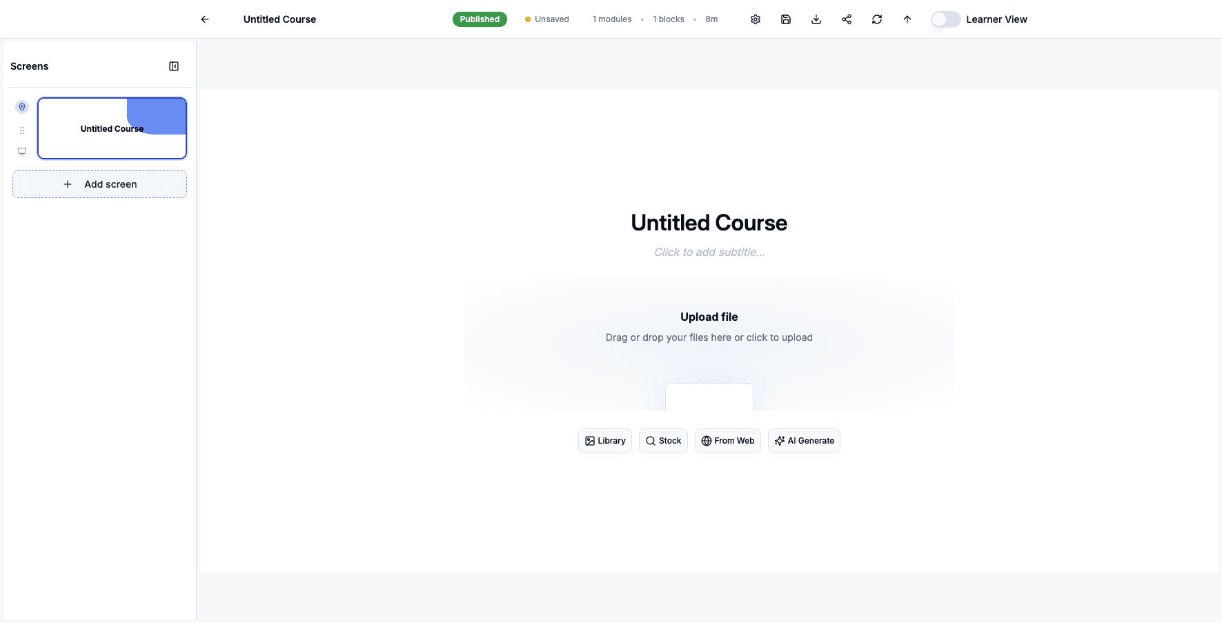 Click Add screen to insert a new slide or module into your course.