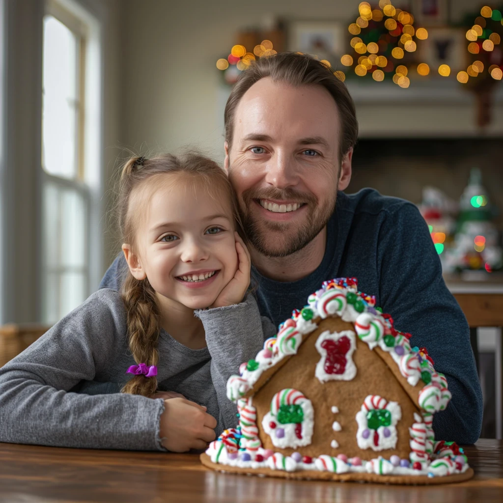A man and a young girl smile together, posing with a decorated gingerbread house during a festive celebration.