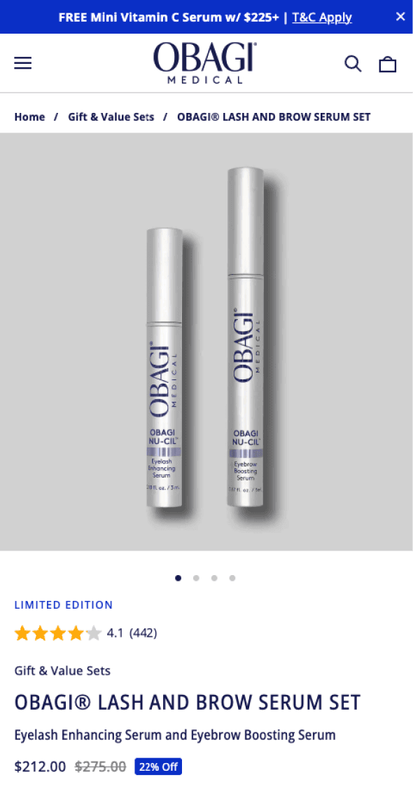 Mobile product detail page featuring Obagi skincare serum
