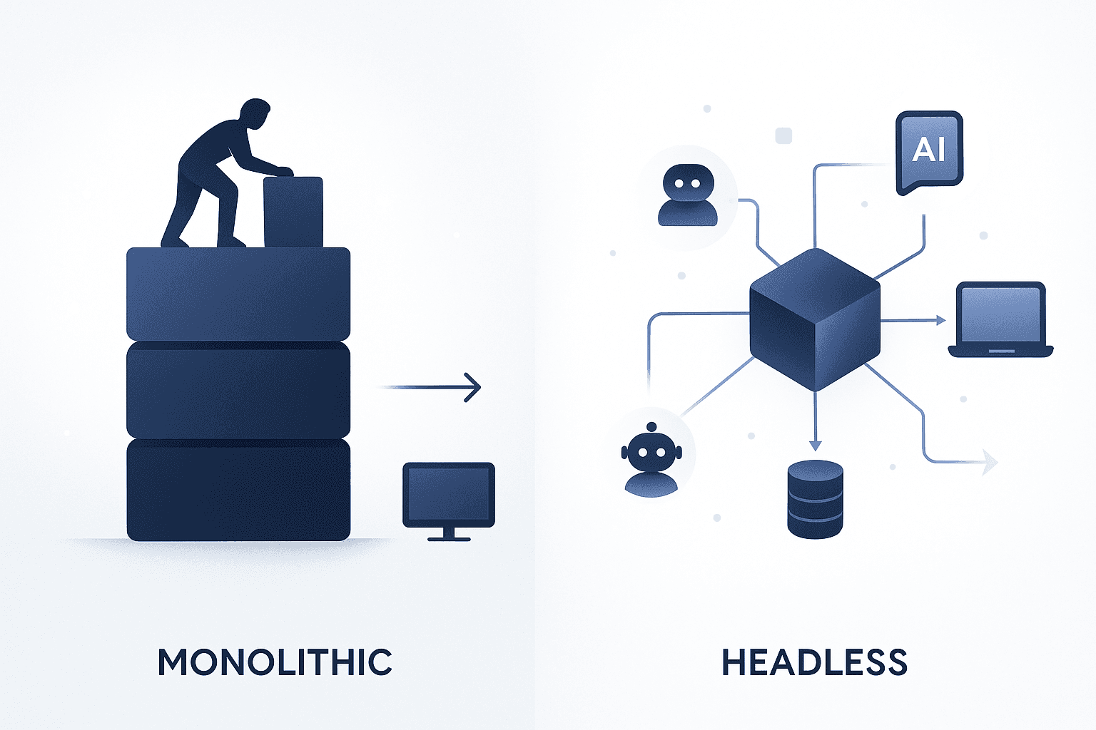 Side-by-side diagram contrasting monolithic traditional CMS stack with modular AI-driven GEO-native CMS architecture