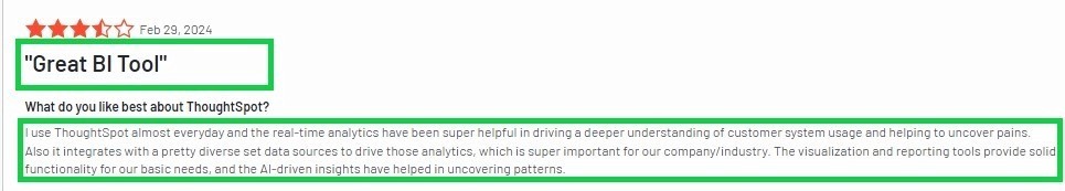 User review praising ThoughtSpot for real-time analytics and AI-driven insights
