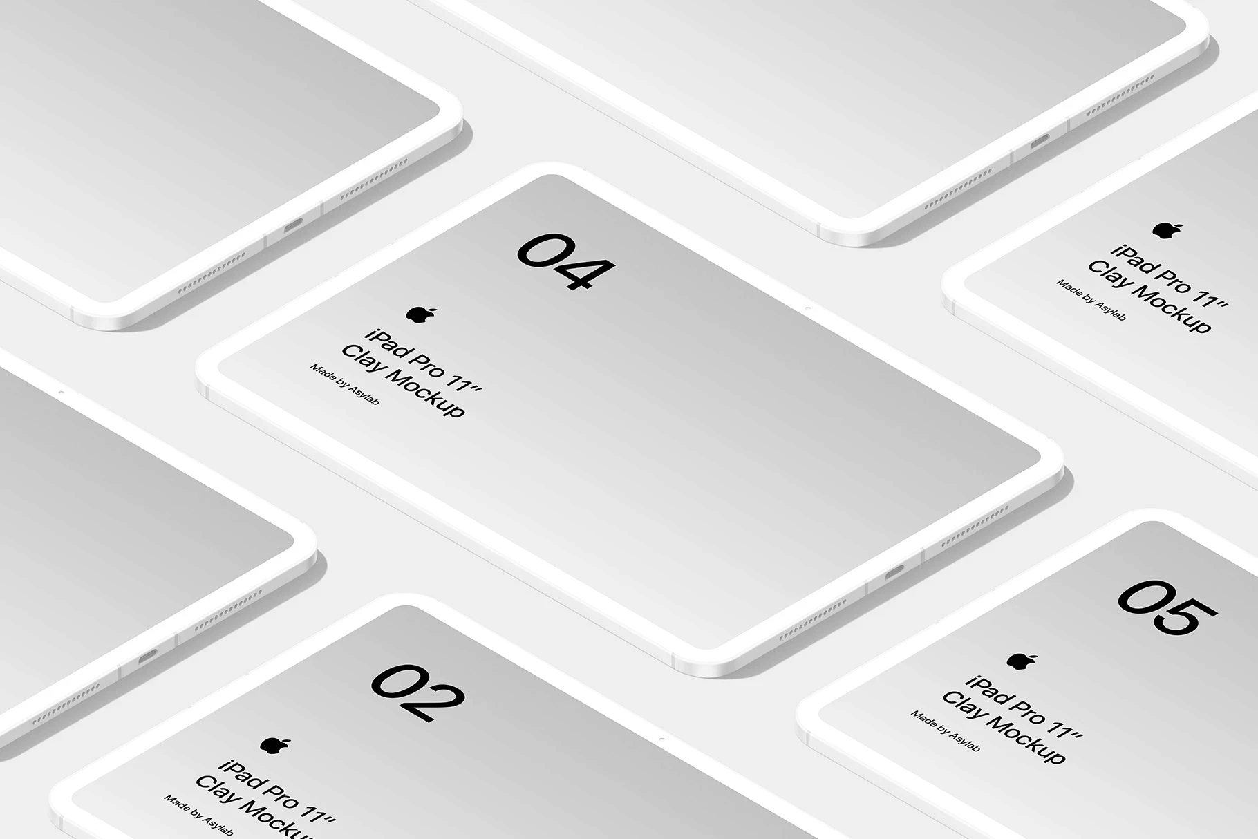An isometric grid of iPad Pro clay mockups for showcasing app and UI designs.
