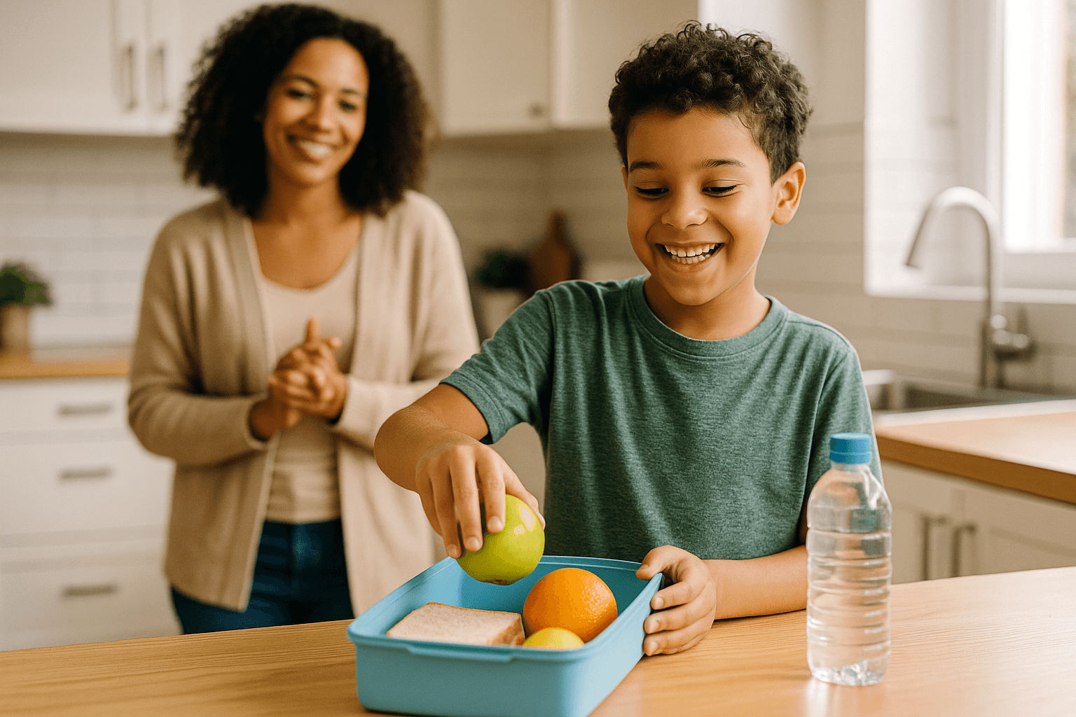 A child confidently packing their lunch with their mother looking on from behind proudly