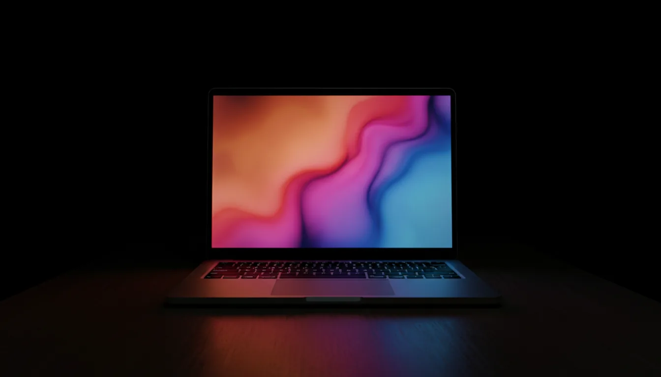 DSLR photography of a modern silver laptop on a table, shot from a low, straight-on angle in a pitch-black room. The laptop is partially open, its screen casting a vibrant, abstract glow of orange, pink, and blue light onto the keyboard and metallic chassis. Cinematic contrast with deep shadows and sharp focus on the laptop's texture. The background is completely black.