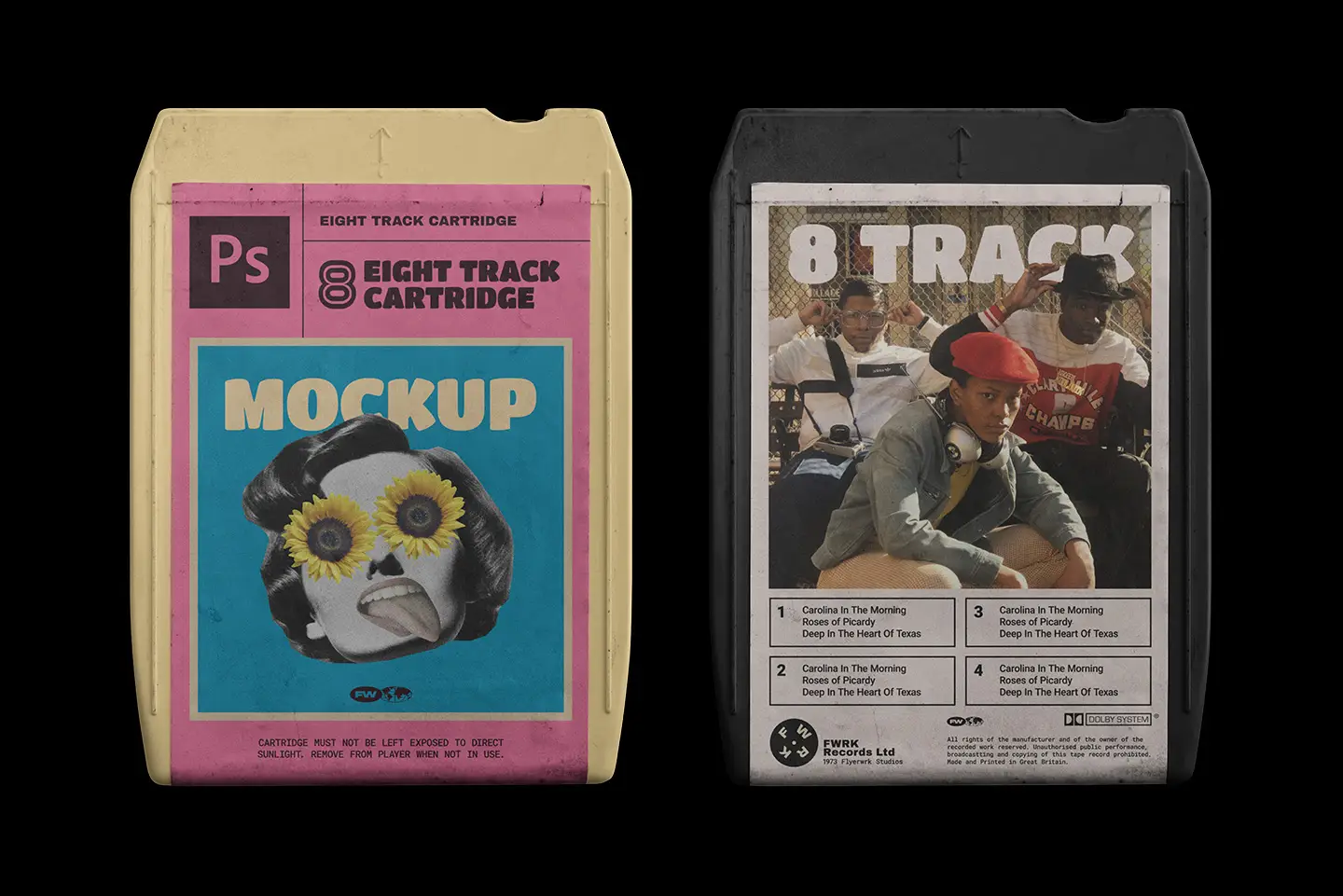 8-Track Cartridge Mockup showing front and back views of authentically worn vintage tape shells