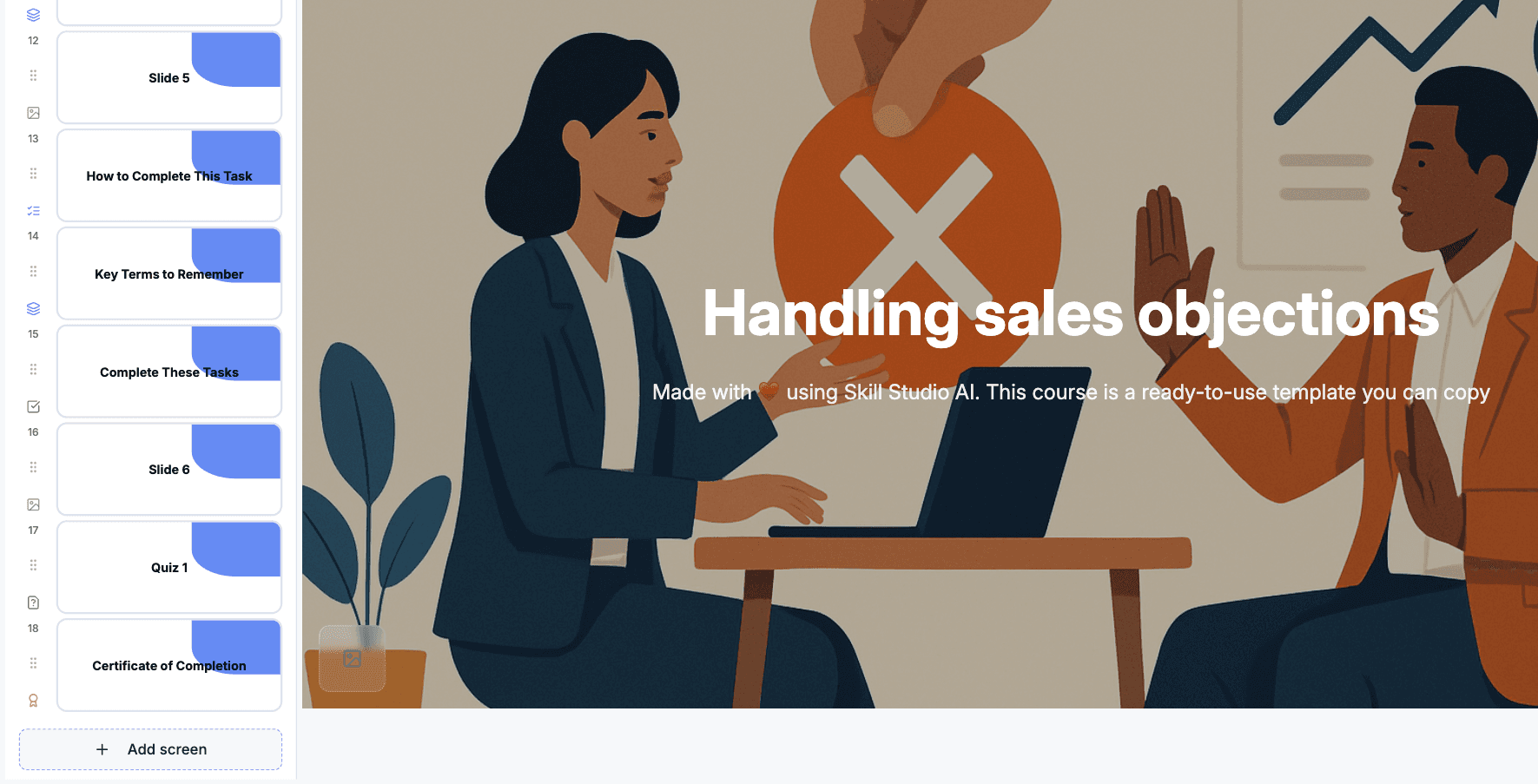 Click 'Add screen' to insert a new element into your course.