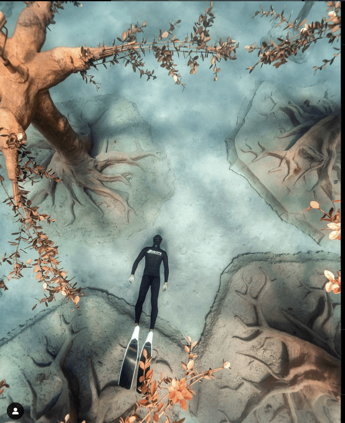freediver meister swimming in underwater museum