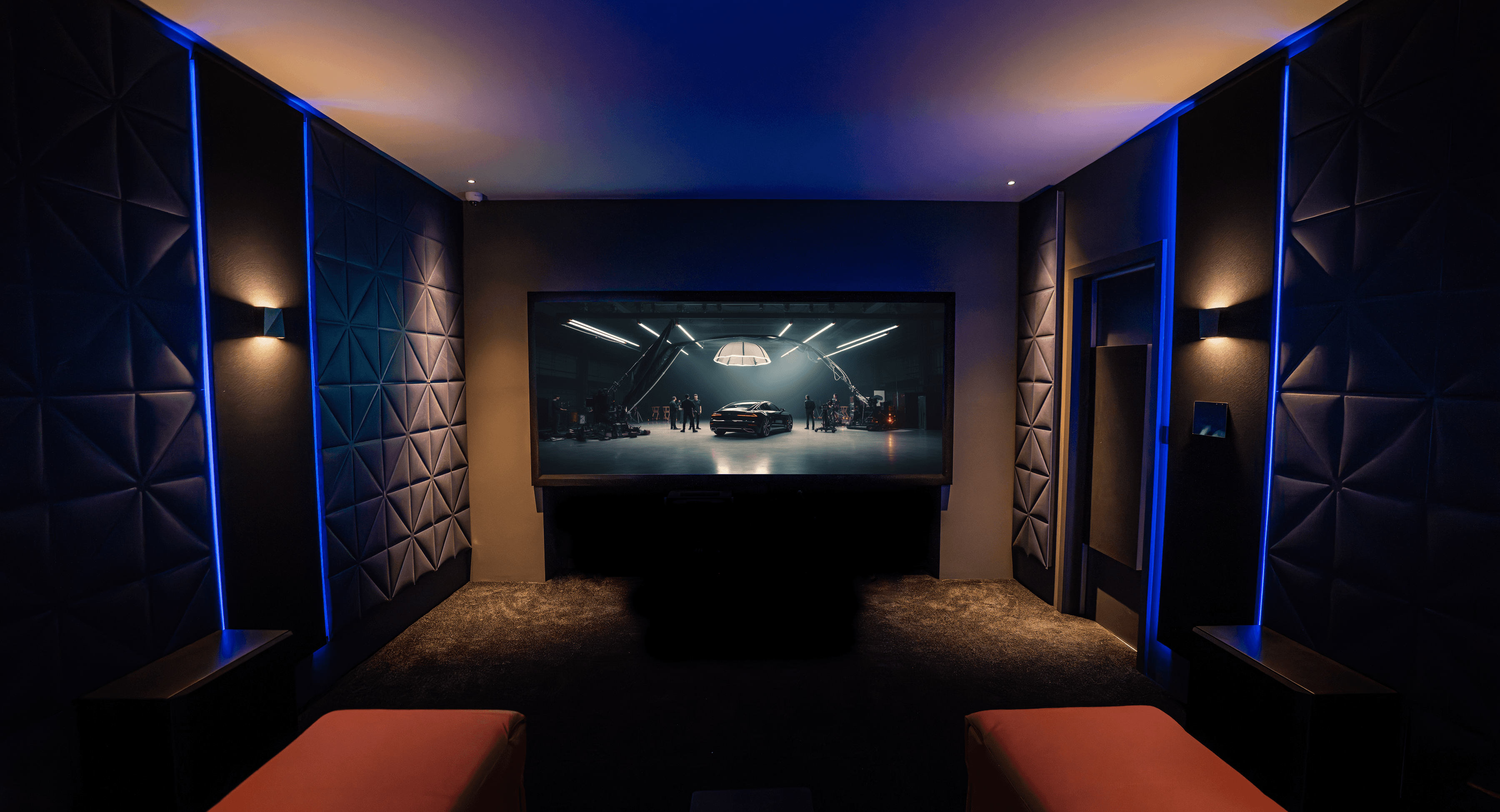 Basement home theater with blue LED accent lighting