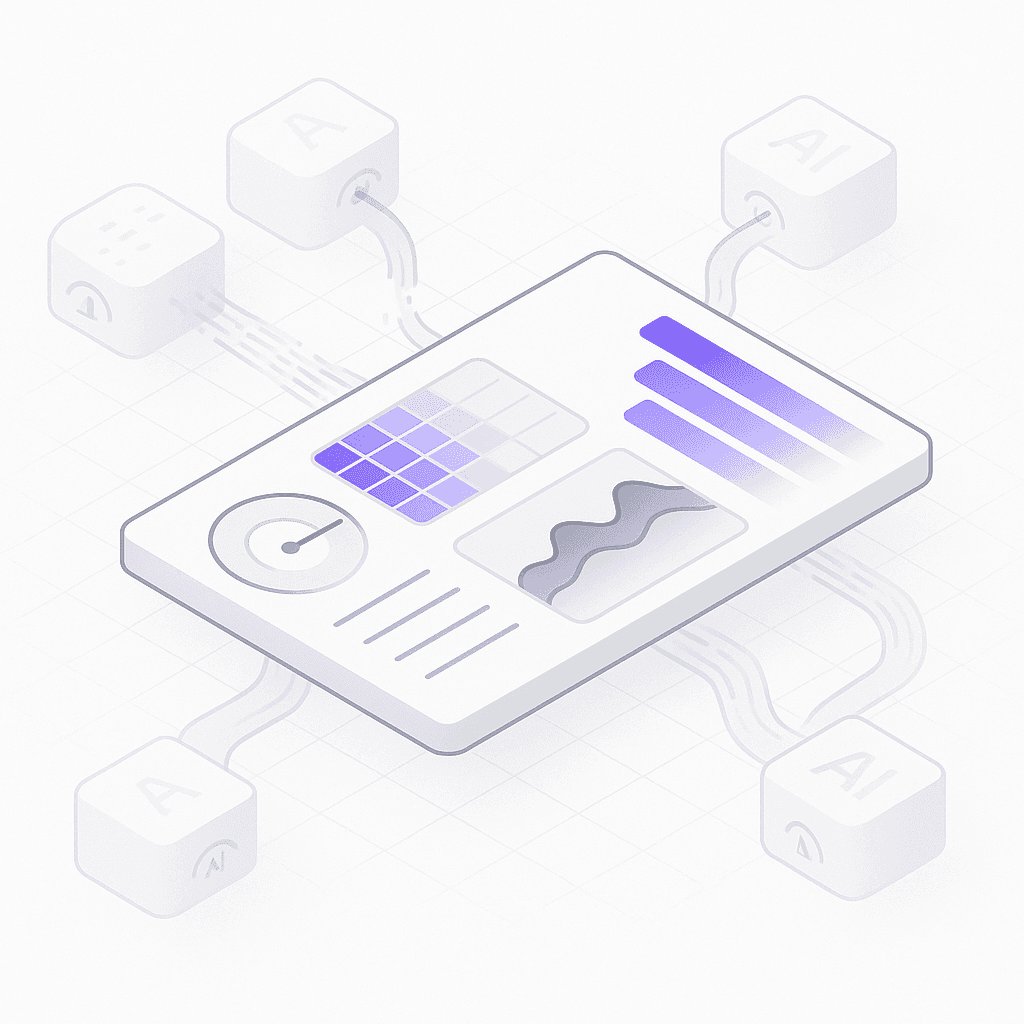 Four AI engine nodes feeding data into dashboard visualizing mention rate, position rank, sentiment, and citation depth 